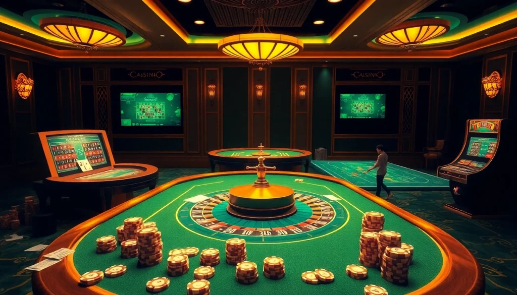 Engage in thrilling gameplay at 8kbetsg.com with vibrant casino visuals showcasing poker tables and slot machines.