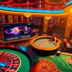 Tải Bomwin gaming at a luxurious casino with players engaged at vibrant tables and a roulette wheel.