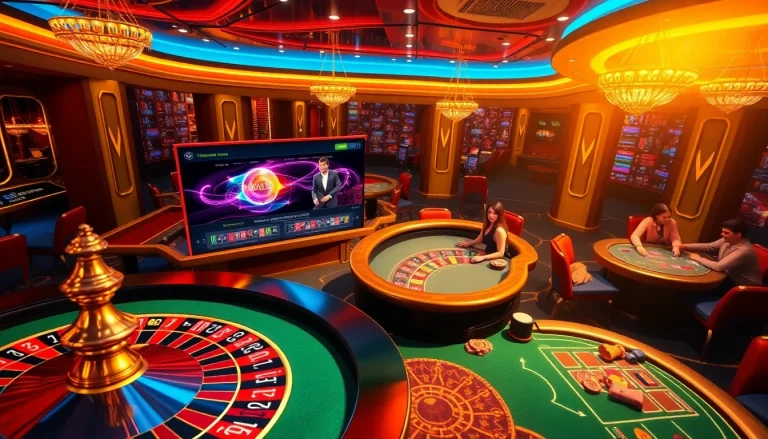 Tải Bomwin gaming at a luxurious casino with players engaged at vibrant tables and a roulette wheel.