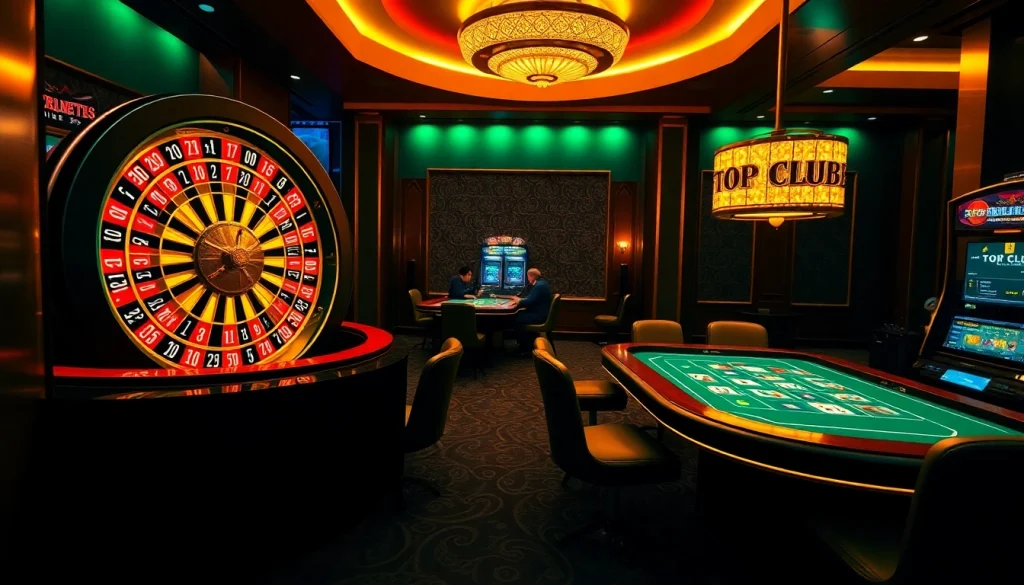 Experience the excitement of TOP CLUB at an upscale casino featuring vibrant tables and roulette.