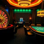 Experience the excitement of TOP CLUB at an upscale casino featuring vibrant tables and roulette.