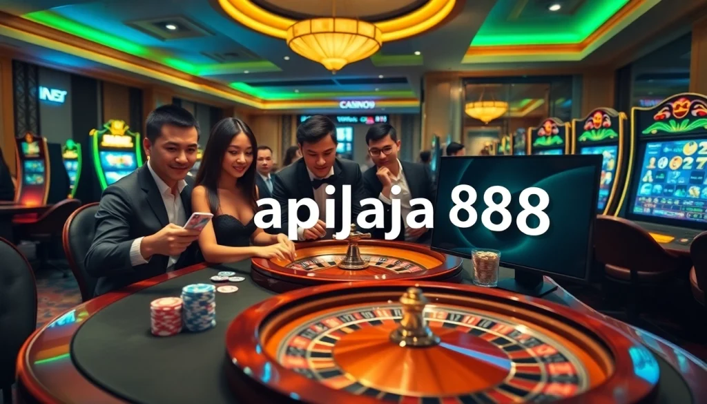 Captivating casino scene featuring players engaged with apiraja88 games, poker chips, and roulette.