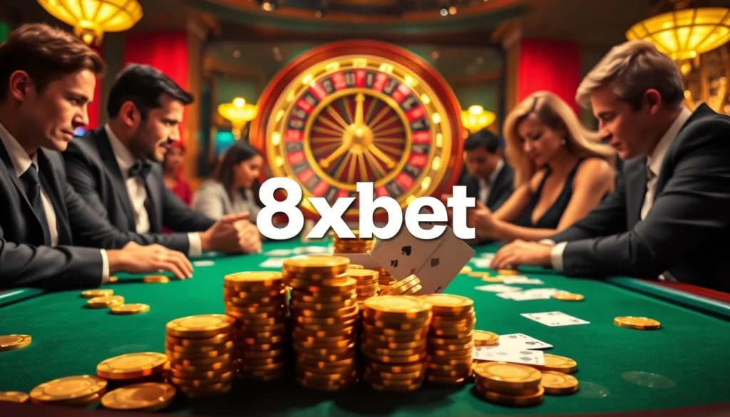 Intense poker game at 8xbet casino, featuring high-stakes competition with golden chips and illuminated atmosphere.