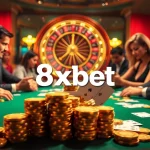 Intense poker game at 8xbet casino, featuring high-stakes competition with golden chips and illuminated atmosphere.