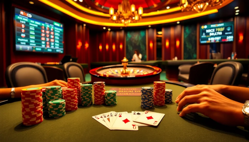 A high-stakes poker table at a luxury casino featuring the gaming theme 'rico 789F' with colorful chips and modern betting interfaces.