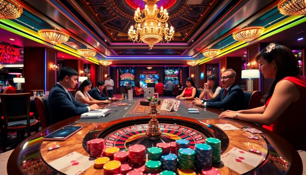 VJ88 betting chips and cards on a luxurious casino table filled with excitement.