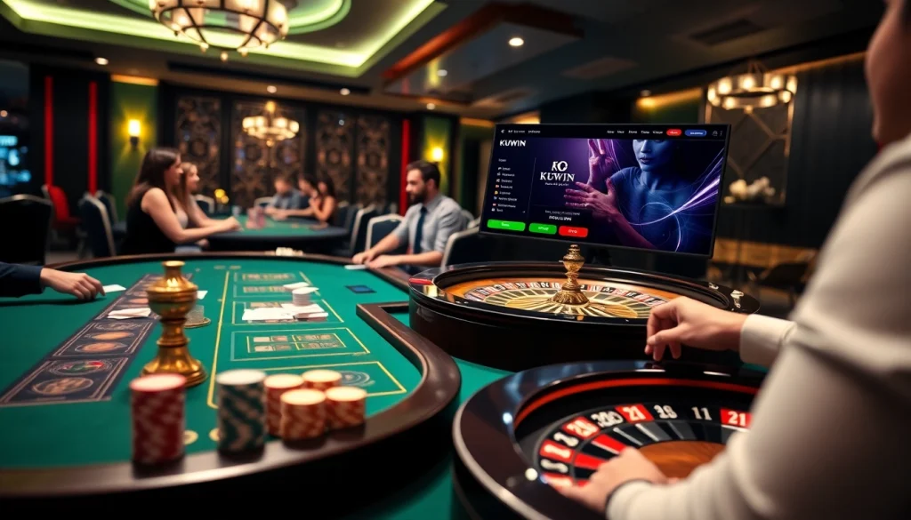 Engaging in thrilling online gambling at https://kuwinblog.com/ with poker chips and roulette wheel.