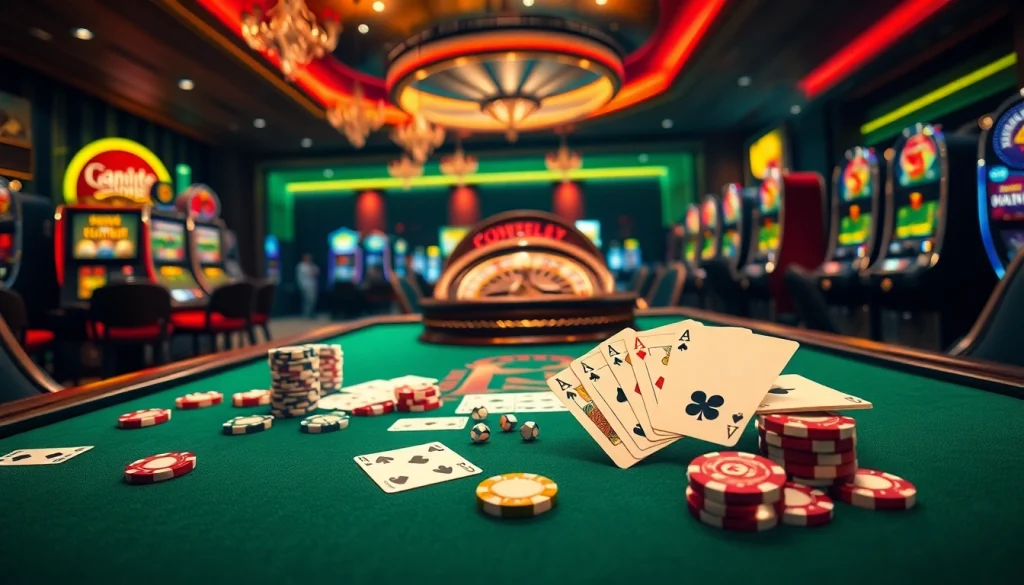 Exciting action at a casino table featuring cards, chips, and dice with https://23win8b.com/ games.