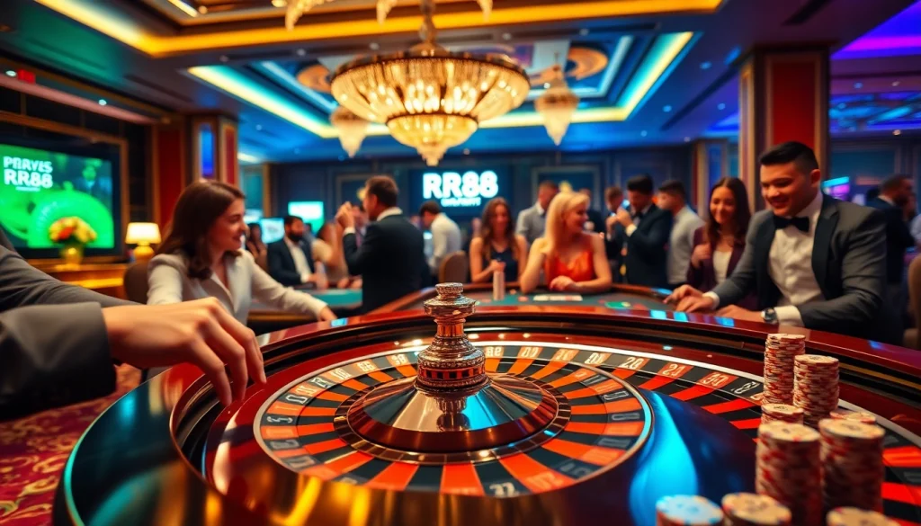Players experiencing the excitement of RR88 with poker chips and roulette at a luxurious casino.