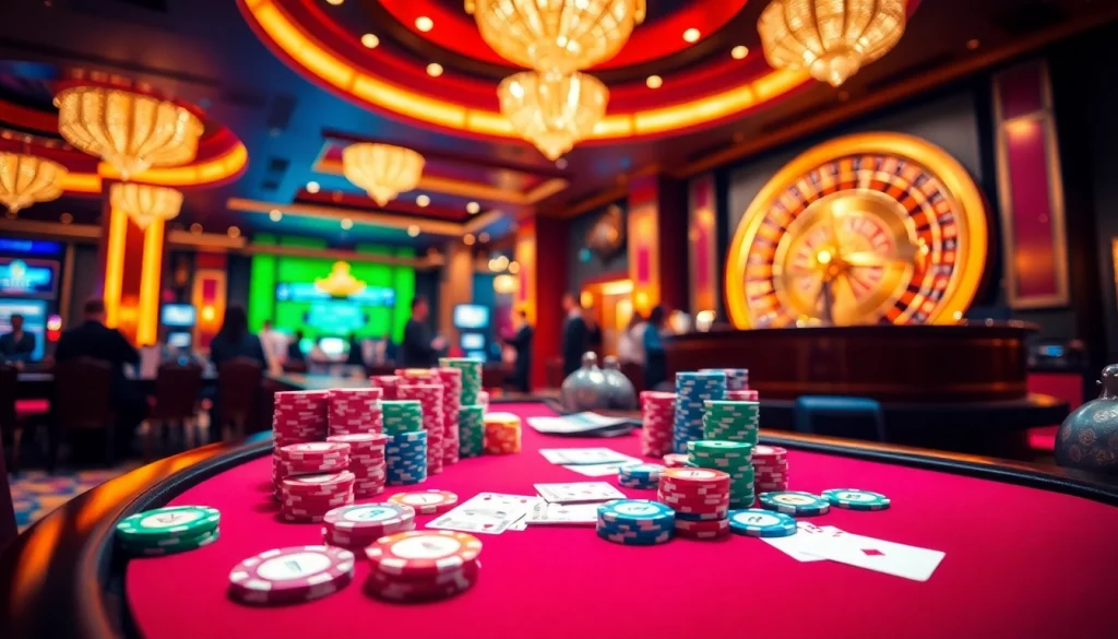 Players enjoying an exciting game experience at J88 casino with poker chips and roulette.