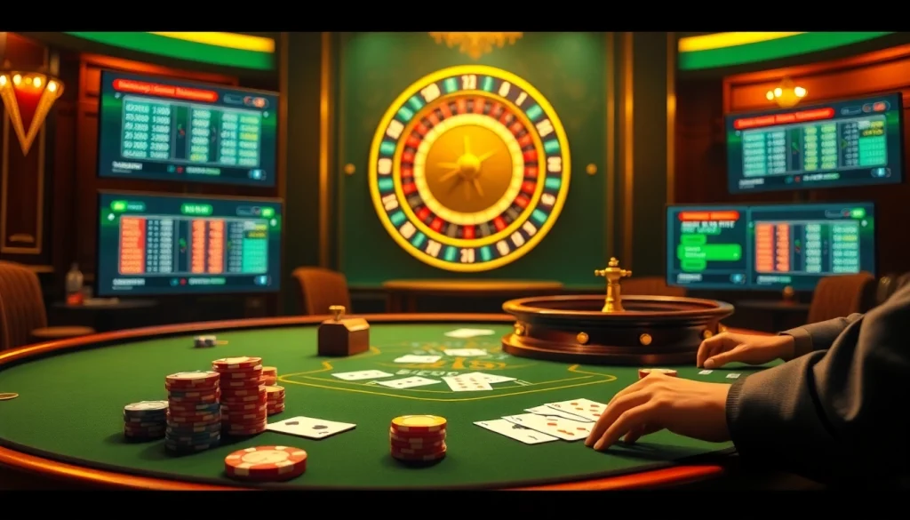 Experience the thrill of betting with Nhà cái BL555 in this vibrant casino scene featuring a poker table and roulette wheel.