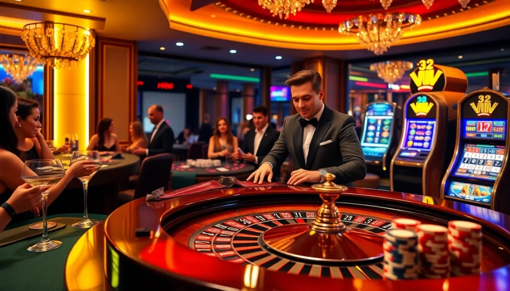 Experience the thrill of 32WIN Vip at a luxurious casino table with warm lighting and excited players.