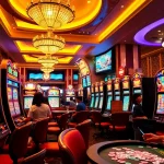 Nổ hũ action on bright casino slot machines, players engaged in lively gameplay.