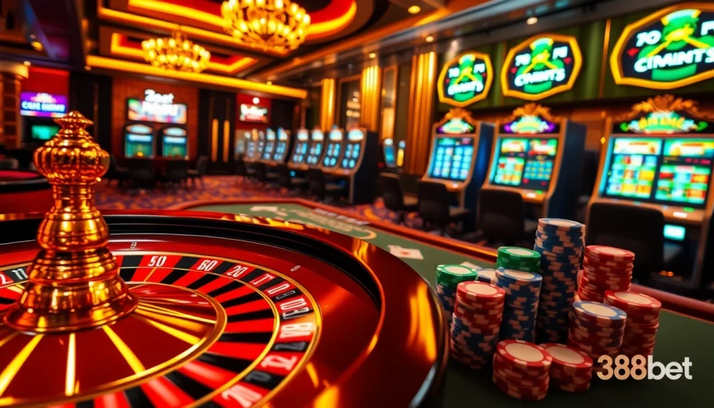 Experience the excitement of 388bet with engaging casino visuals featuring roulette, poker, and vibrant slot machines.