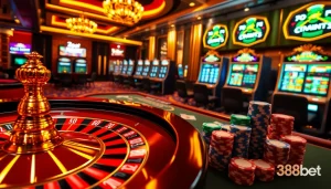 Experience the excitement of 388bet with engaging casino visuals featuring roulette, poker, and vibrant slot machines.