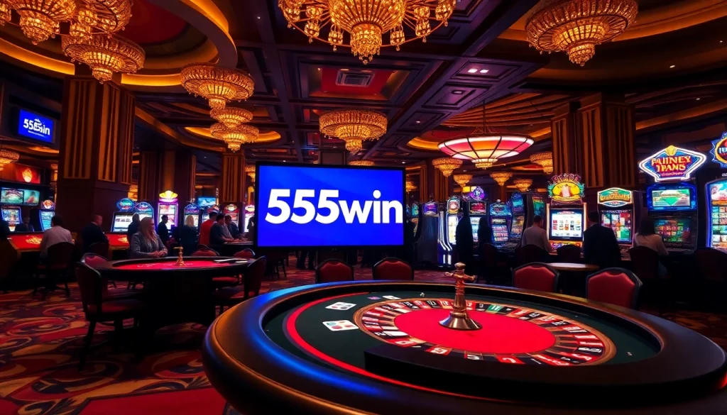 Players enjoying high-stakes games at 555win casino, featuring roulette and poker tables.