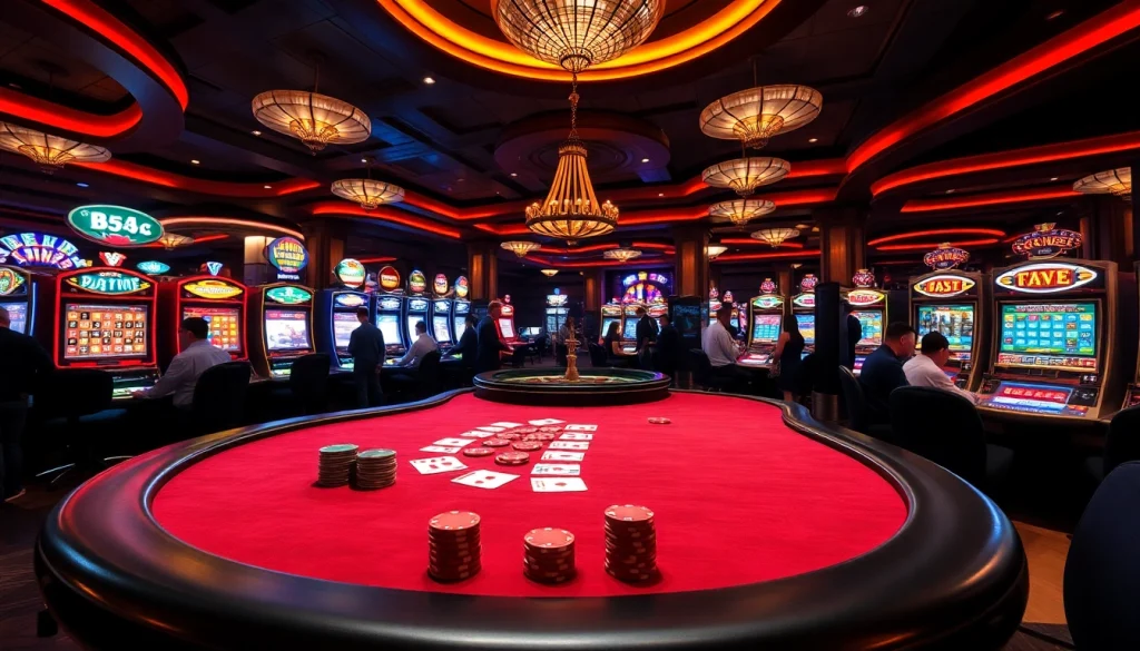 B52 casino experience with gamblers at a luxurious poker table and vibrant slot machines.