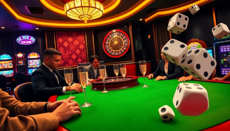 MM88 players enjoying poker at a luxurious casino table with lively atmosphere.