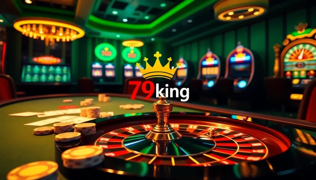 Exciting casino scene highlighting poker chips and a roulette wheel with 79king branding.