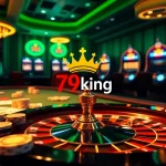 Exciting casino scene highlighting poker chips and a roulette wheel with 79king branding.