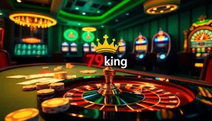 Exciting casino scene highlighting poker chips and a roulette wheel with 79king branding.