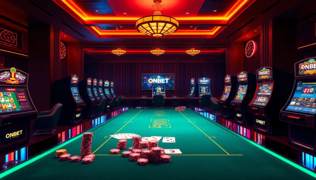 Experience the thrill of betting with ONBET's vibrant casino atmosphere, featuring gaming tables and slot machines.
