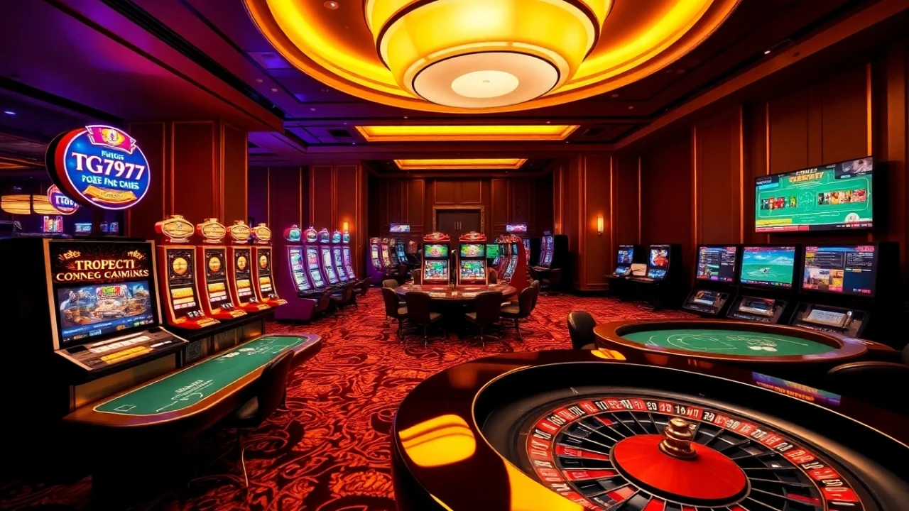 Players enjoying thrilling games at TG777 online casino with vibrant slot machines and poker tables.