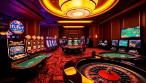 Players enjoying thrilling games at TG777 online casino with vibrant slot machines and poker tables.