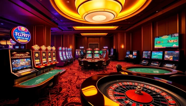 Players enjoying thrilling games at TG777 online casino with vibrant slot machines and poker tables.