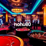 Players enjoying games at nohu90 online casino with vibrant tables and arcade machines.