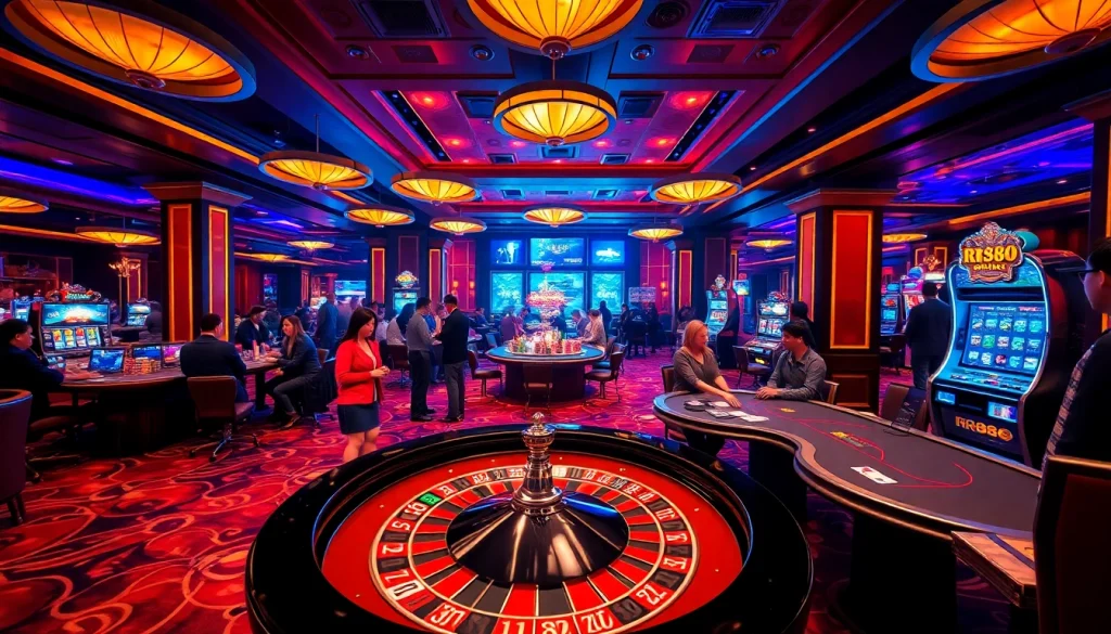 Players enjoying roulette and poker at RR88's luxurious casino.