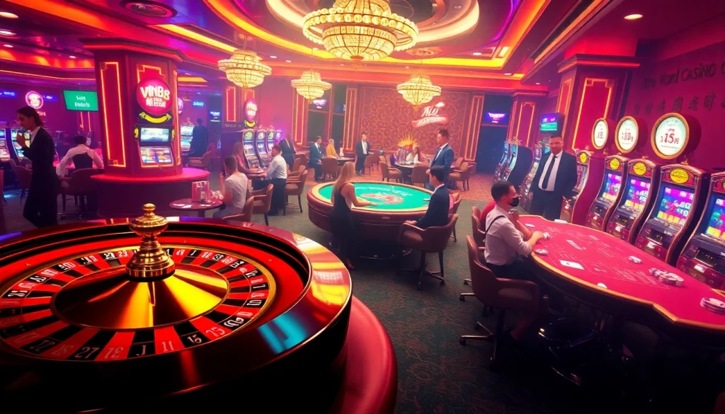 Thrilling gaming scene at VIN88 showcasing a roulette wheel, casino tables, and vibrant players.