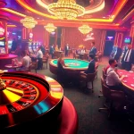 Thrilling gaming scene at VIN88 showcasing a roulette wheel, casino tables, and vibrant players.