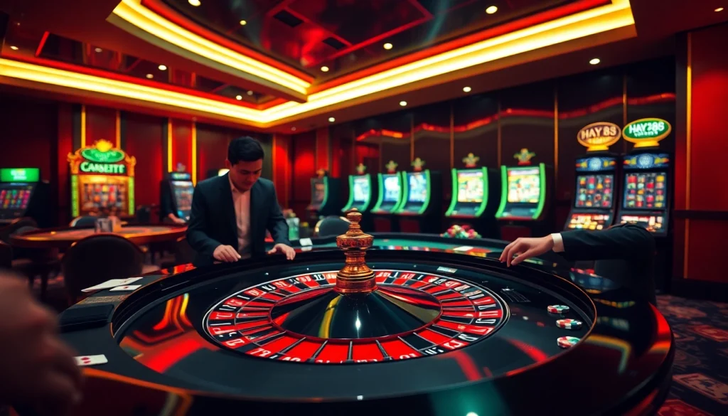 Betting at the roulette table in a luxurious casino setting with hay88 branding.