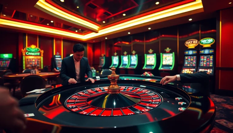 Betting at the roulette table in a luxurious casino setting with hay88 branding.