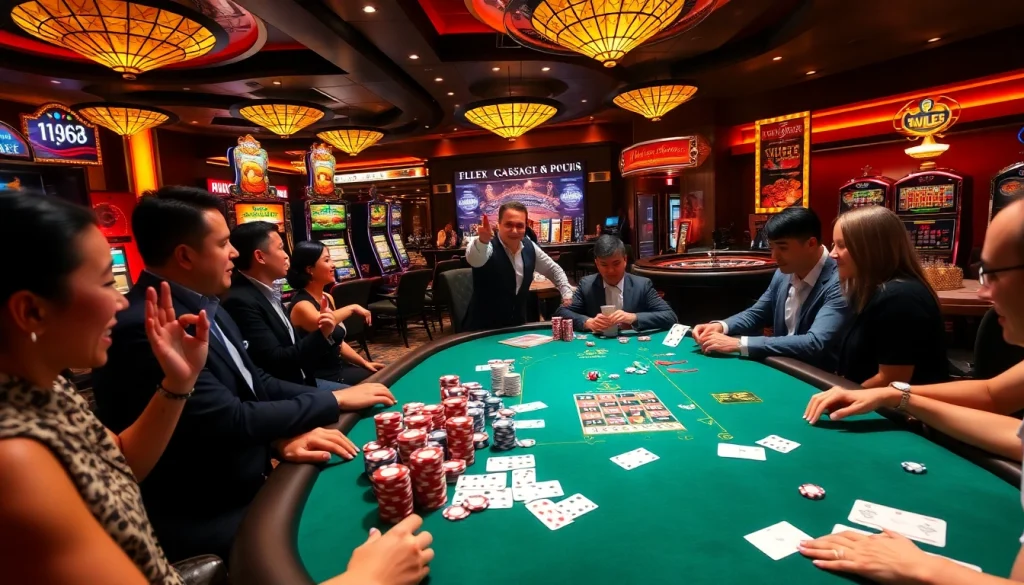 Players experiencing thrilling poker action at C168 casino table, with vibrant chips and cards.