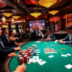 Players experiencing thrilling poker action at C168 casino table, with vibrant chips and cards.