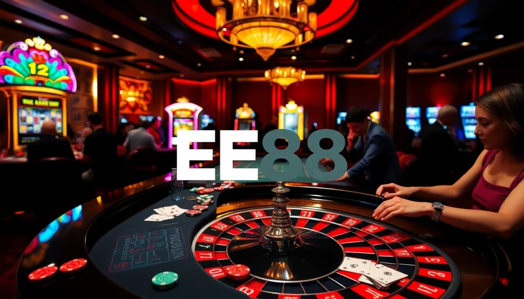 Players enjoying a thrilling roulette game at EE88 casino table amidst vibrant excitement.