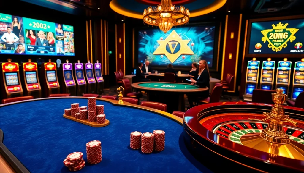 High-stakes action at king33 casino with vibrant poker games and roulette.