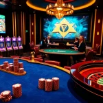 High-stakes action at king33 casino with vibrant poker games and roulette.