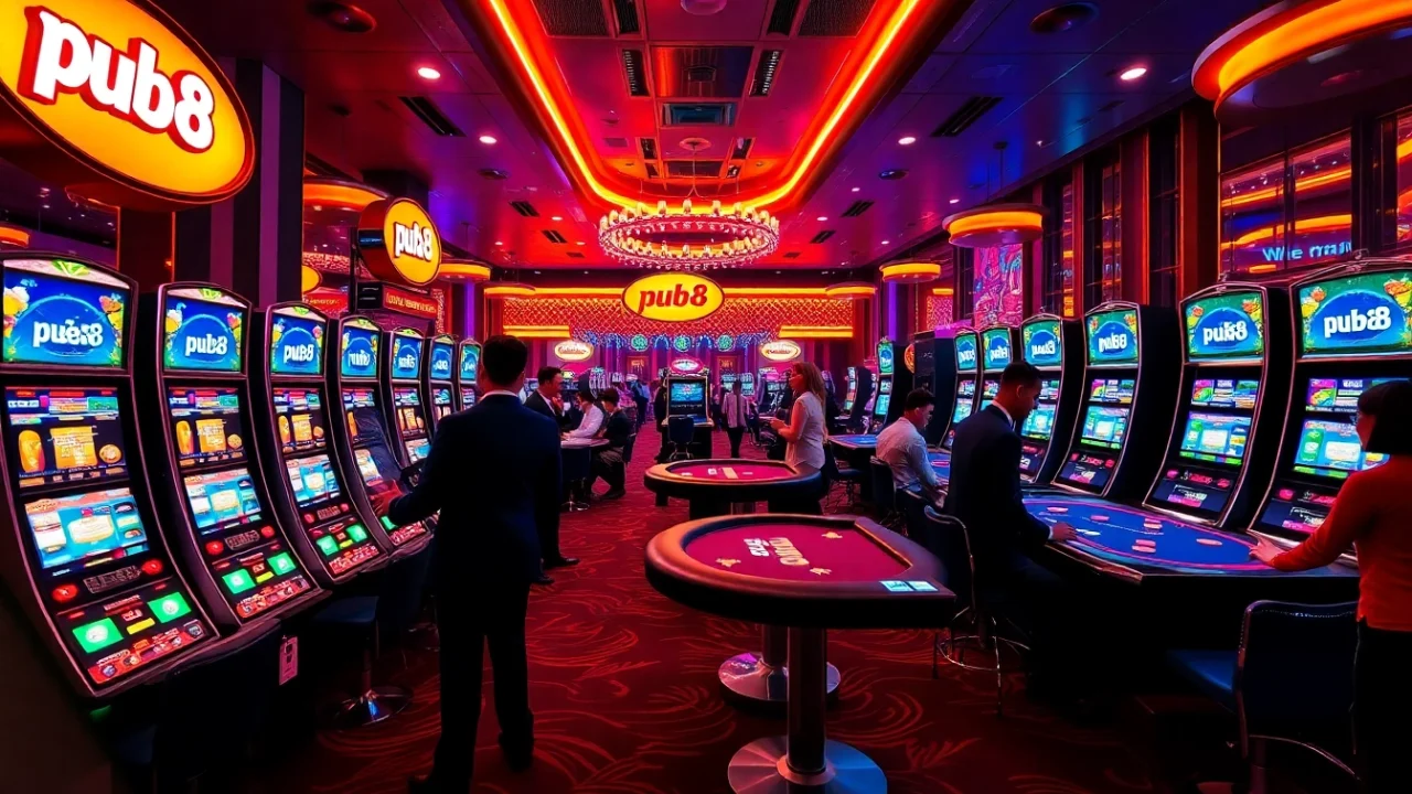 Experience exciting gaming at pub88 with vibrant slot machines and professional dealers.