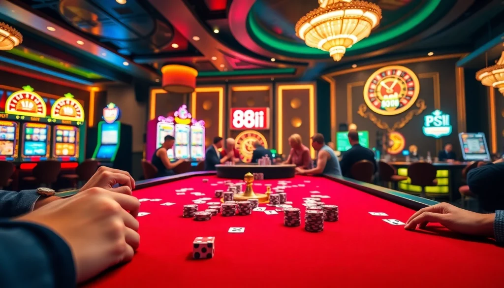 Experience the excitement of 88i at a bustling casino table with vibrant poker chips and cards.