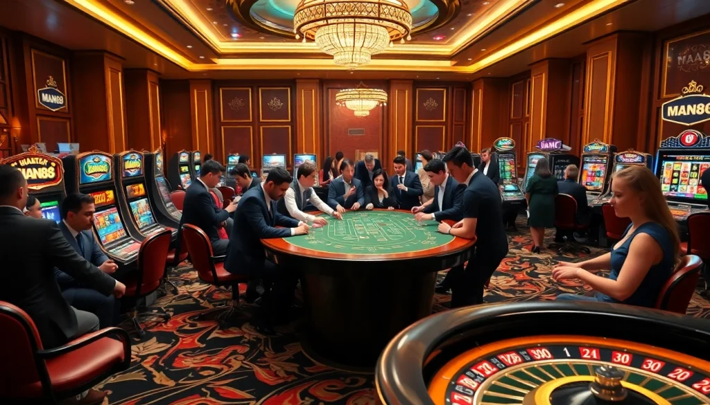 Man88 players enjoying a thrilling moment at a luxury casino table with vibrant slot machines.