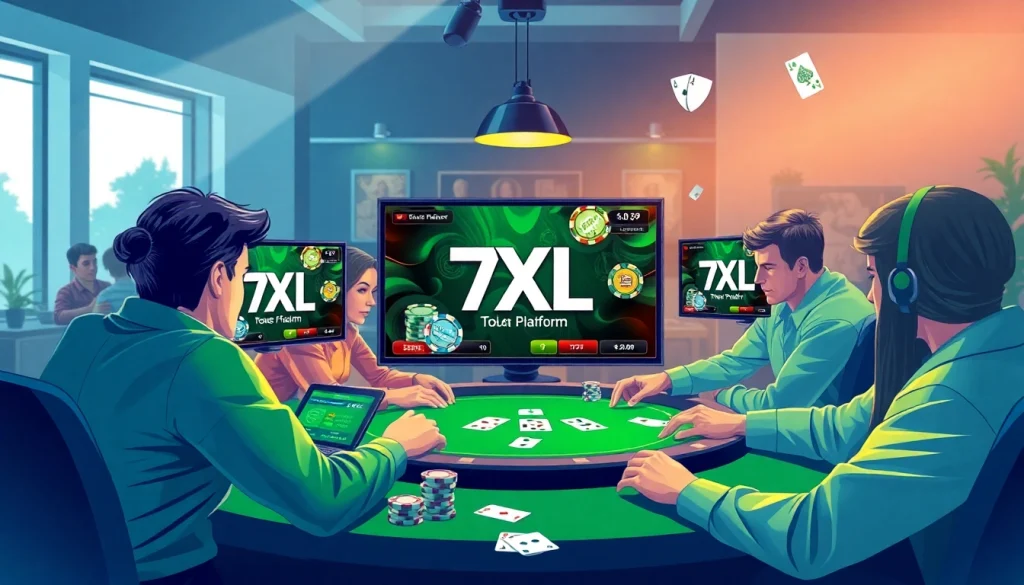 סצנה מרתקת של שחקנים בפלטפורמת הפוקר המקוון 7XL, המראה התרגשות ואסטרטגיה.