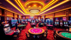 Engaging casino scene highlighting the excitement of Nhà cái ABC8 with poker tables and vibrant slot machines.