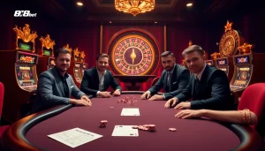 Players engage in high-stakes poker at a vibrant 8xbet casino table with chips and betting slips.