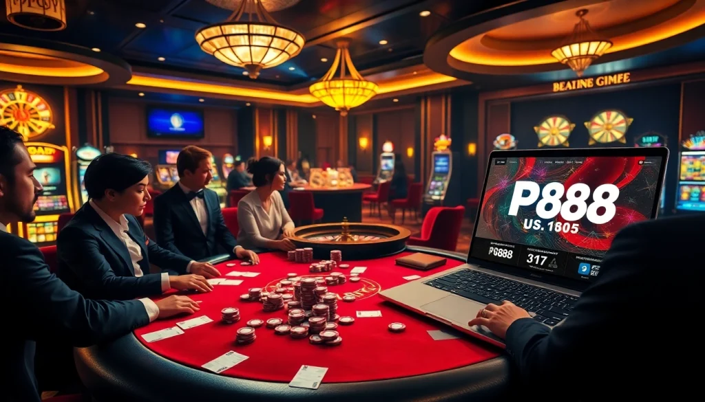 Experience the thrill of gaming at https://pg88us.com/ with a vibrant casino scene showcasing poker and roulette.