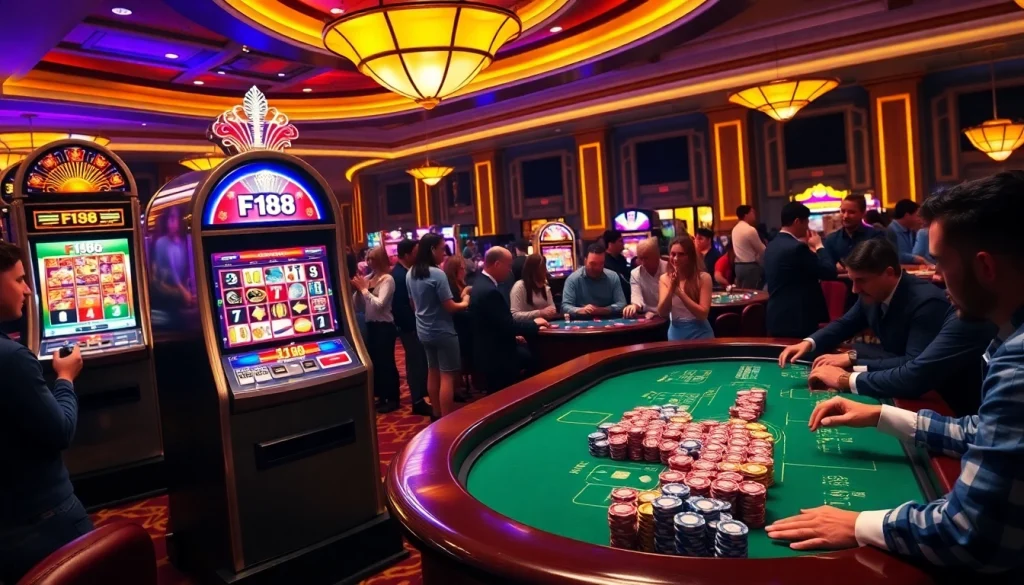 Exciting gambling scene at F168 casino with slot machines and roulette tables in action.