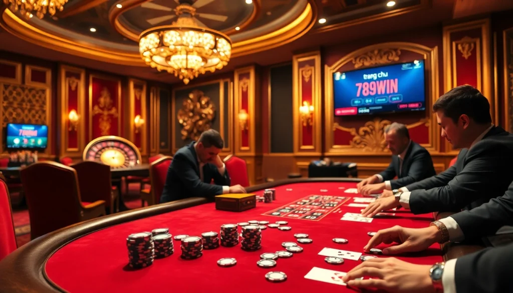 Experience the excitement of trang chu 789win with a vibrant casino scene featuring poker and roulette.