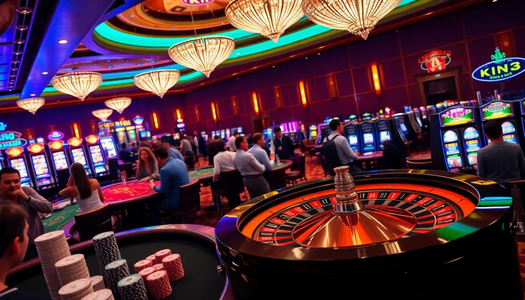 Gambling excitement at luxury casino tables with king33-themed games and joyful players.